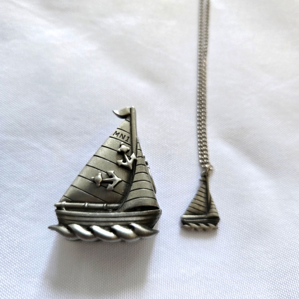 Ms Dee Pewter Sailboat Earrings Necklace & Brooch Trinket Box Set
